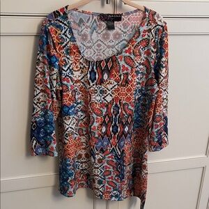 Peck & Peck Multicolor Scoop Neck Long Sleeve Top - Blue, Red, Orange, Cream